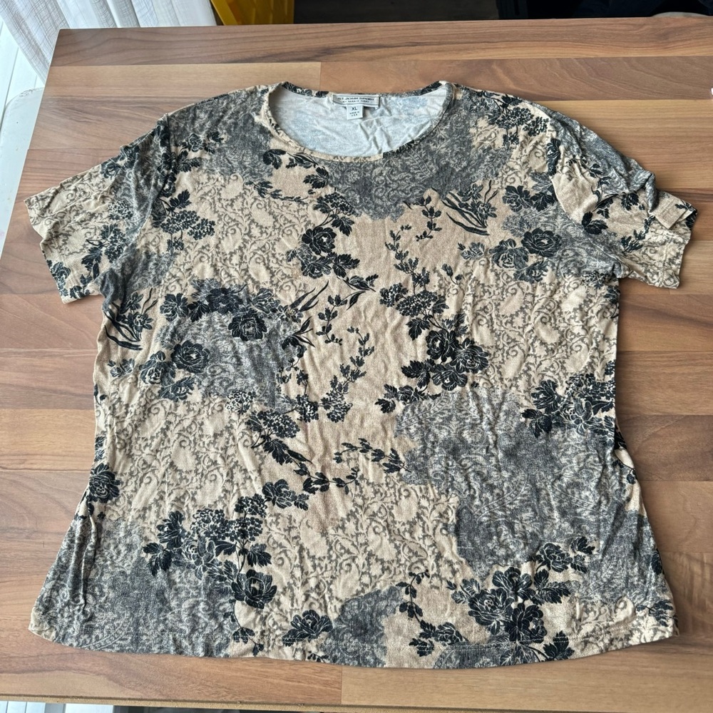 St John Sport‎ Marie Gray Vintage Black Tan Toile Stretch Top XL